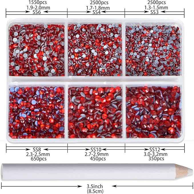 NCB Hotfix Iron on 8000pcs Crystal Rhinestones Round Gem for Crafts Decoration DIY Jewelry Making with a Picking Pen (Siam, 6Sizes SS3-SS12)