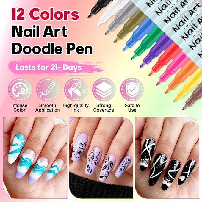 Kalolary 12 Color 3D Nail Art Pens Set, 0.5MM Fine Tip Nail Polish Pens Acrylic Paint Pen Nail Art Markers Quick-Drying Nail Art Tools for Dotting Drawing Painting DIY Nail Art Beauty Manicure(C)