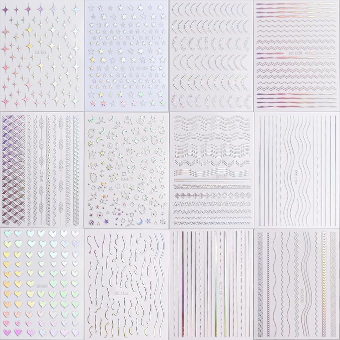 12 Sheets Aurora Nail Art Stickers Decals 3D Self-Adhesive Pegatinas Uñas Glitter Silver Nail Stickers Holographic Heart Star Fire Nail Supplies Nail Art Design Decoration Accessories for Women Girls