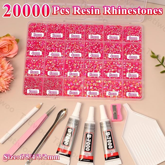 20000Pcs Dark Pink Flatback Jelly Resin Rhinestones for Bedazzling, Mix Sizes Crystal Rhinestones Gems, Pink Gems Bedazzling for Crafting for DIY Face Makeup Crafts Tumblers