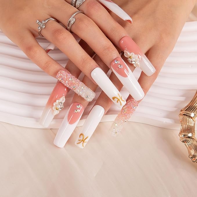 LOVFUL Press on Nails Only You French Tip| Handmade with Full Covered Crystals| Reusable Fake Nails| Square Mid length 1.7in| H97-S
