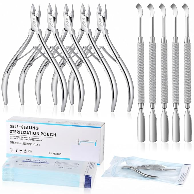 Lothee 10 Pack Cuticle Trimmer with Pusher 200 Count Self Sealing Sterilization Pouches, Professional Stainless Steel Cuticle Nipper Remover Cutter Manicure Pedicure Tools Kit for Home Salon Nail Care