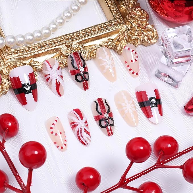 30Pcs Christmas Press on Nails Medium Almond Fake Nails Snowflake Candy Canes False Nails with Red and White Glitter Design Cute Winter Xmas Artificial Stick on Nail Full Cover Glue on Nails for Women
