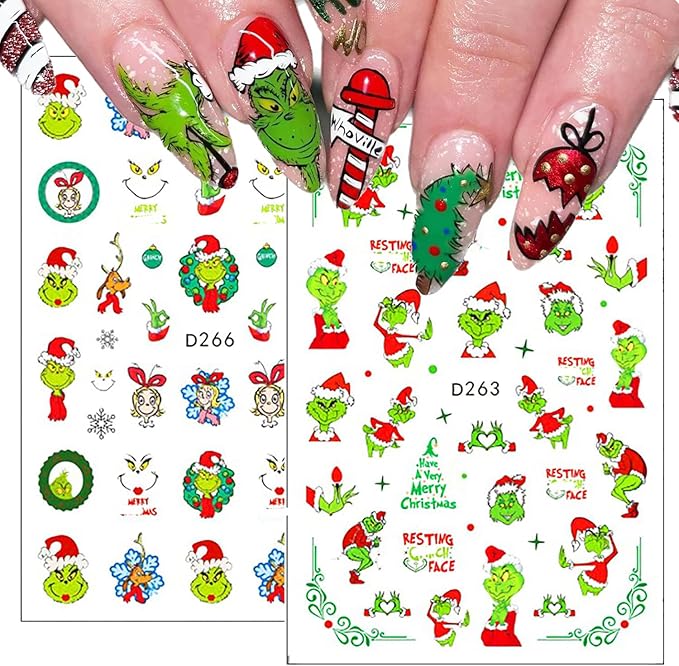 12Sheets Christmas Nail Art Stickers Green Fun Cartoon Santa Claus Designs Nail Decals Xmas Tree 3D Self-Adhesive Winter Holiday Nail Decoration Xmas DIY Manicure Accessories Supplies for Women Kids