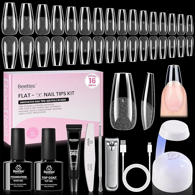 Beetles Gel Nail Kit Flat-X, Coffin Medium, 320pcs 16 Sizes Nail tips, with 15g Nail Glue Gel Hands-Free, 7.5ml Base Gel & Top Coat, Mini Lamp, for Acrylic Press On Nail, Extension DIY Set at Home