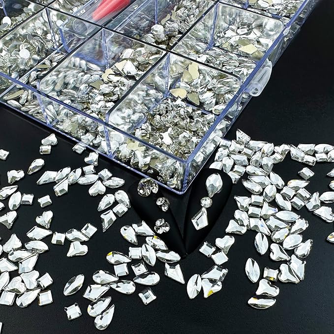HUETFAT 14 Shaped Clear Nail Rhinestones for Art +6 Size Round Flatback Nails-Silver Charms with Wax Pen