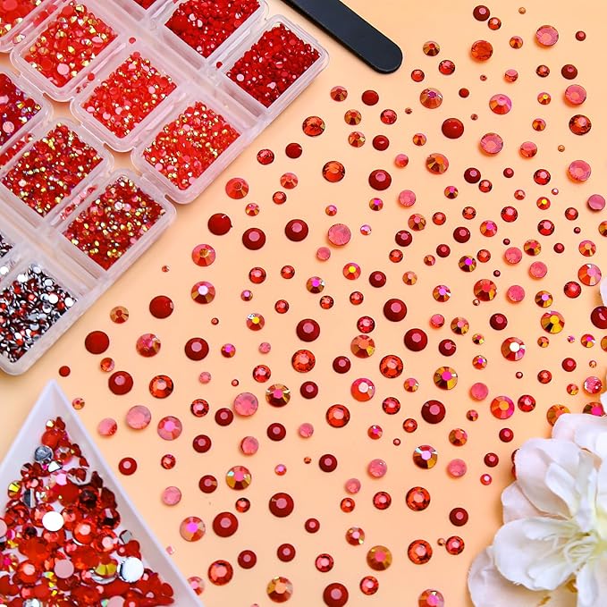 15000PCs 2-6MM Red Series Resin Flat Back Rhinestones, Round Non Hotfix Jelly & Silver Bottom Resin Rhinestones Nail Gems Stones with Tweezer & Picker Pen for Nail Art Tumblers & DIY Crafts