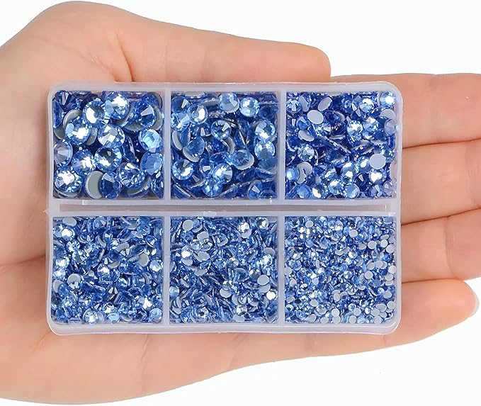 4000Pcs Mixed Size Hot Fix Round Crystals Gems Glass Stones Hotfix Flat Back Rhinestones (Light Blue)