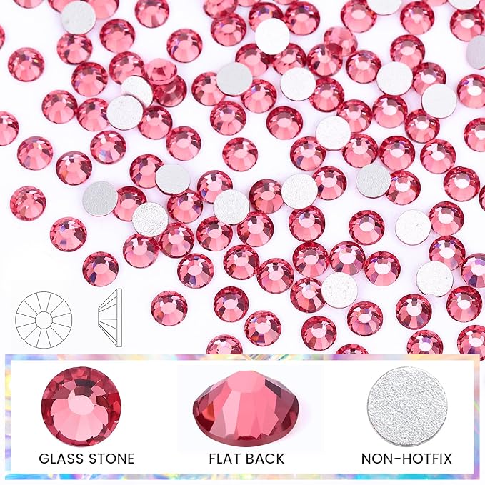 SS8 Non Hotfix Flatback Glass Nail Rhinestones - 1440pcs Rose Crystals for Makeup Bags, Shoes & DIY Decoration