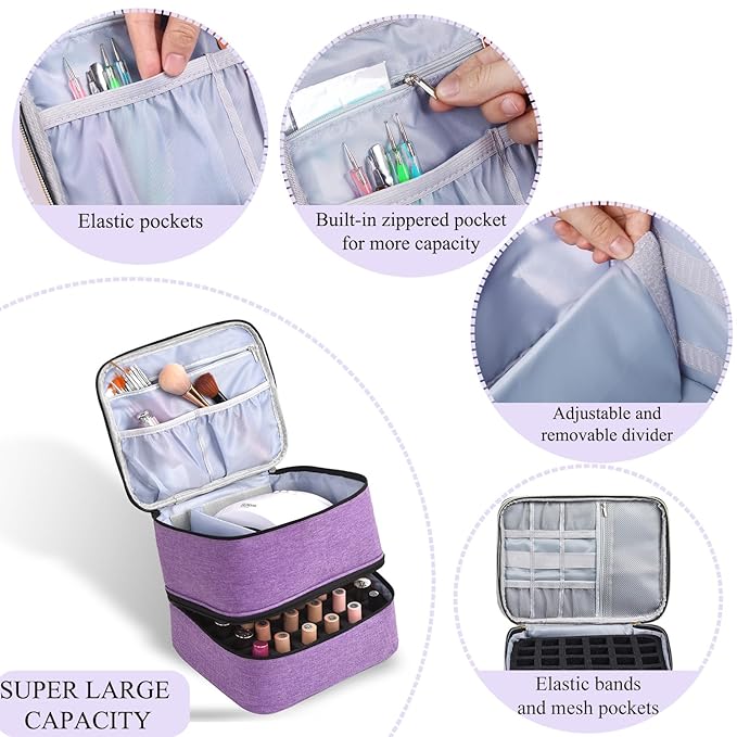 Nail Polish Organizer, Nail Polish Storage Holds 30 Bottles & Nail Lamp, Double Layer Nail Bag Organizer Case, Portable Nail Polish Holder for Nail Tech Travel & Manicure Kit