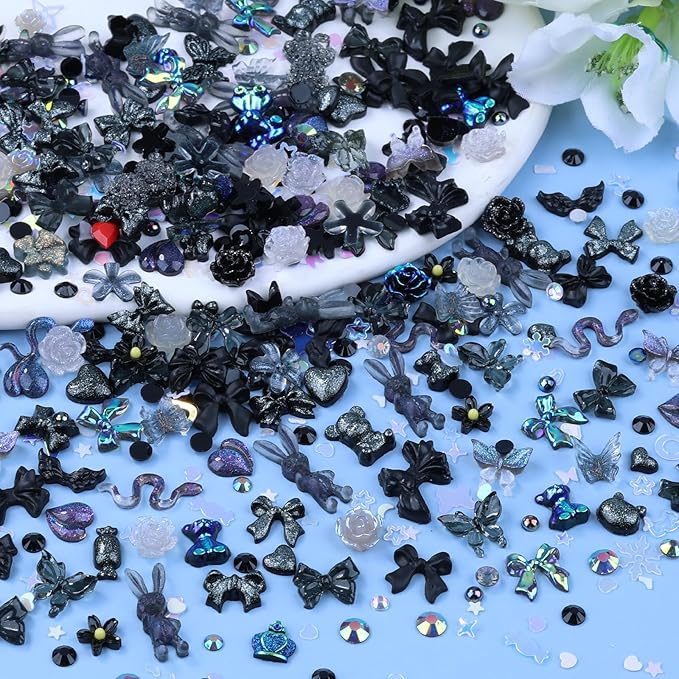 100 Pieces 3D Resin Butterfly Bear Nail Charms Rose Flower Peach Skirt Bow Deer Snake Rabbit Animal Shaped Nail Art Rhinestones Pearls for DIY Nail Art Decoration Making Craft (Black)