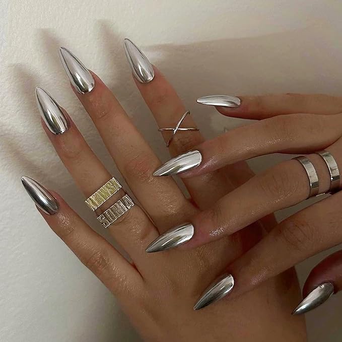 Chrome Press On Nails Almond, Metallic Sliver Mirrored Glue on Nails Medium Press Ons, Acrylic Natural Fit Stick on Nails in 12 Sizes - 24Pcs Fake Nail Kit for Women Daily & Party Wear