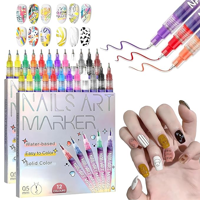 12 Colors Nails Art Pens Set with 0.55mm Fine Tip,Nails Art Markers for Gel Nails,3D Nails Art Marker Drawing Painting Liner Pen,Nails Art Nail DIY Decoration for Kids (B-2 Sets)