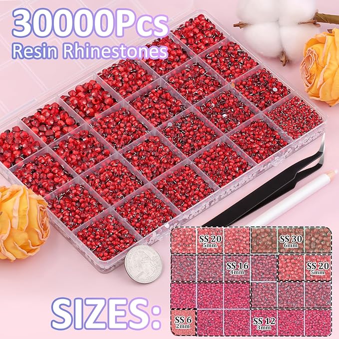30000Pcs Red Rhinestones for Bedazzling with B7000 Jewelry Glue, Bedazzler Kit Bulk Flatback Gems, Resin Rhinestones for Crafting Crafts Clothing Shoes Fabric Nail Art Assorted Size 2/3/4/5/6mm