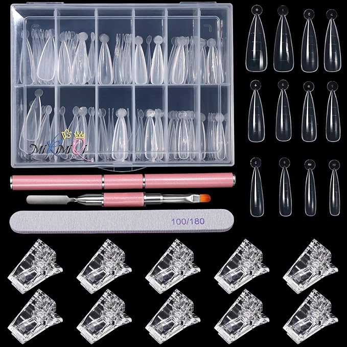 Dual Nail Forms Set Poly Gel Quick Building Nail Kit, 120Pcs Stiletto Gel Nail Molds with 10Pcs Acrylic Nail Tips Clips 1Pc Dual-Ended Poly Extension Gel Brush Nail File for Polygel Extension