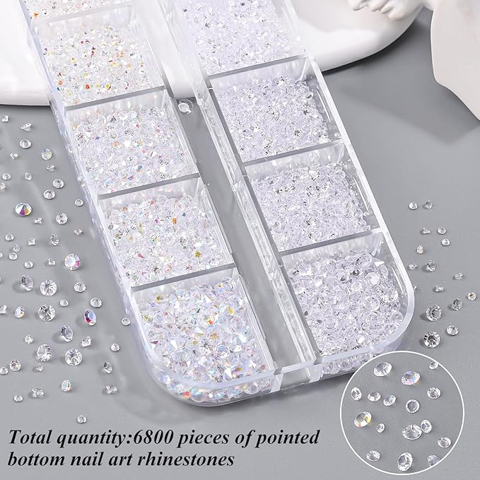 6800Pcs White AB Resin Rhinestones, 1.5mm 2mm 3mm Pointed Bottom Crystals Stones Diamonds Nail Gems Bedazzler Kit with Pickup Tools for Nails Face Eyes Makeup Tumblers Crafts (25-K1-pointed-white)
