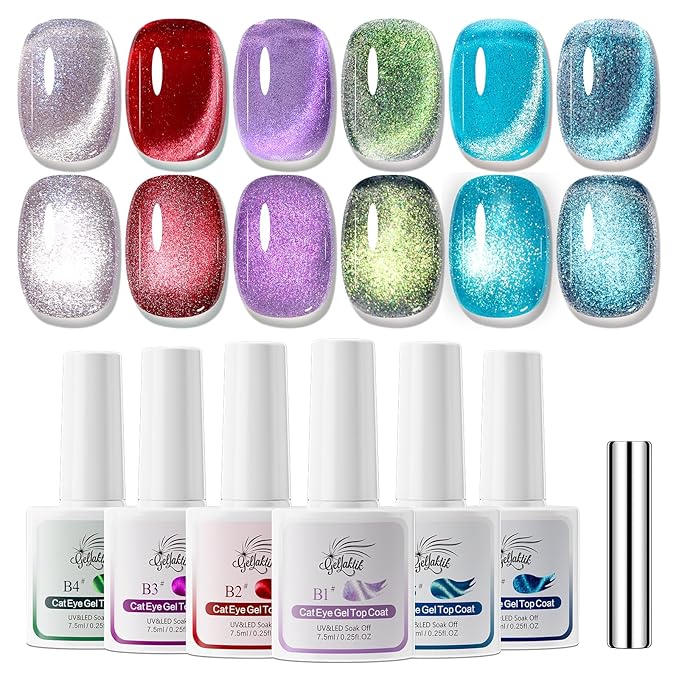 5-in-1 Cat Eye Gel Polish Kit, 6PCS-7.5ml No Base/Top Coat Needed, All-in-One Formula, Beginner-Friendly Magnetic Nail Art Set with Magnet Sticks, Fast Curing for Home DIY Manicure