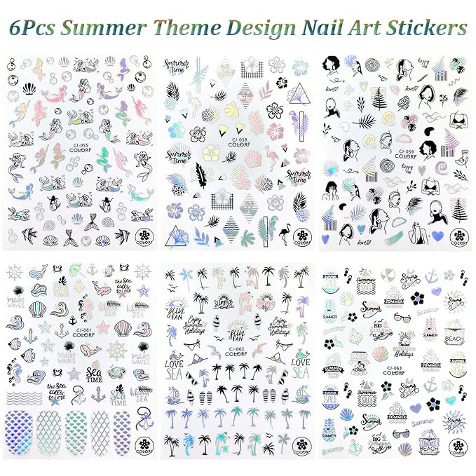 Summer Nail Art Stickers 6 Sheets Shell Nail Decals 3D Self-Adhesive Nails Design Accessories Palm Tree Jellyfish Mermaid Stickers for Women Nails Decoration