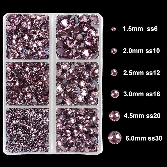4000Pcs Mixed Size Hot Fix Round Crystals Gems Glass Stones Hotfix Flat Back Rhinestones (Light Amethyst)