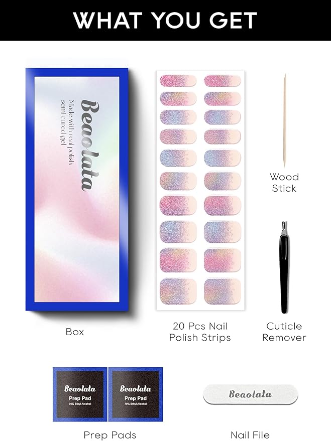 Semi Cured Gel Nail Strips - UV Light Gel Nail Stickers - 20 Long Lasting Salon Quality Wraps (Pixie Dust Purple)