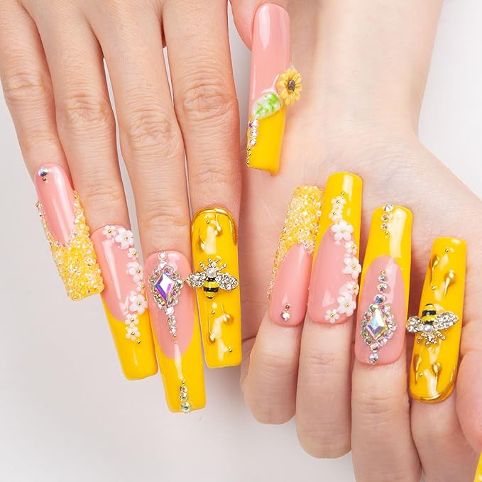 LOVFUL Press on Nails Honey Bee Yellow| Handmade with Full Covered Crystals| Reusable Fake Nails| Square Mid length 1.7in| H101-S