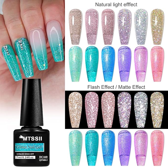 MTSSII Reflective Glitter Gel Nail Polish Set of 12 Colors Pink Red Silver Shimmer Sparkle Gel Polish Collection Kit LED Soak Off Nail Polish Manicure Art Gel Kit Home DIY Nail Salon