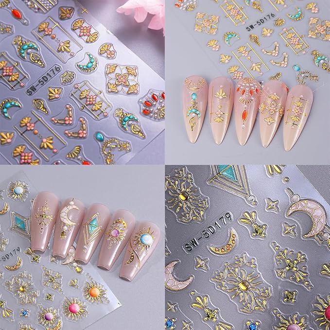 2 Sheets Bohemian Style Nail Decals Embossed Star Nail Art Stickers 5D Self-Adhesive Sun Moon Nail Stickers Bohemia Nail Designs Decals Stars Nail Decoration for Women Girls Nail Art Supplies