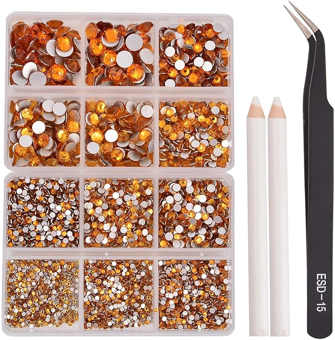 NCB 8000pcs Non Hotfix Rhinestones 10 Sizes Flatback Crystal Glass Rhinestones with Tweezers and Picking Pen for Nail Art Clothes Bags Phone Decorations Crafts DIY (012 Topaz Mix SS3-SS30)