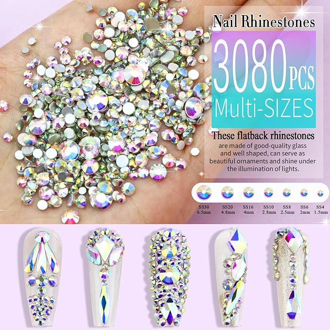 Dowarm 3200PCS Nail Art Rhinestones, Crystal AB Flatback Rhinestones for Nails, Crafts, 12 Styles 3D Glass Crystal Nail Gems, Iridescent Diamond Stones