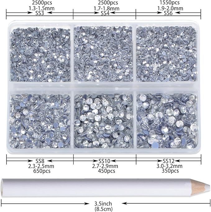 NCB Hotfix Iron on 8000pcs Crystal Rhinestones Round Gem for Crafts Decoration DIY Jewelry Making with a Picking Pen (Clear Crystal, 6Sizes SS3-SS12)