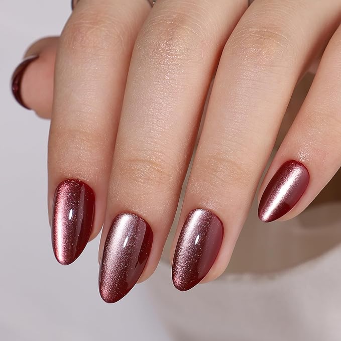 Gel Press On Nails - Almond Short Fake Nails With Glue, 16 Sizes, 32Pcs Reusable Soft Gel False Tips Kit, Wine Red