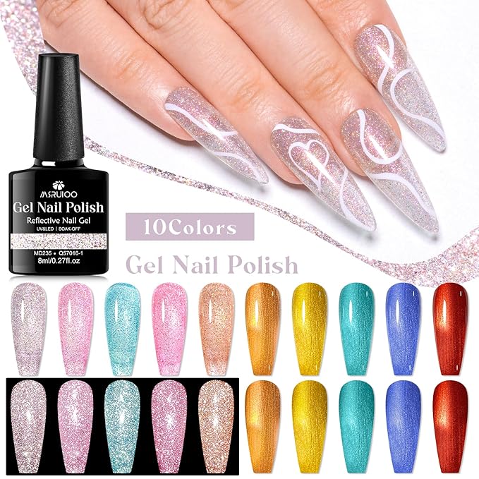 12Pcs Reflective Glitter Gel Nail Polish + Metallic Gel Nail Polish Set Gel Nail Art Manicure Kit 10 Colors