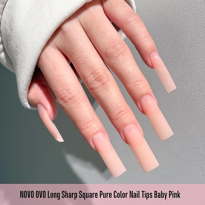 NOVO OVO Long Sharp Square Nail Tips Press on Pure Color BABY PINK, Extra Thick NEED Builder Gel & Top Coat, Soft Gel Matte Fake Nail Extension, Full Cover False Nails for Salon DIYx 15 Sizes 180 pc
