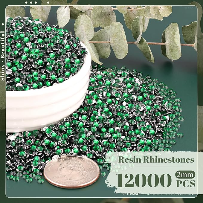 12000PCS 2mm Resin Rhinestones Bulk for Crafting (Dark Green), Flatback Bedazzling Crystals for Crafts DIY Nail Decoration, Gems Charms for Tumbler Shoes Clothing Fabric with Pickup Pen and Tweezers