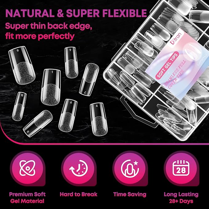 Medium Square Nail Tips, 504pcs Artificial Full Cover Square Nail Tips 12 Sizes Half Matte Clear Soft Pre-shaped Acrylic Gel Nails Tips for Nail Extensions Manicure Salon Home DIY