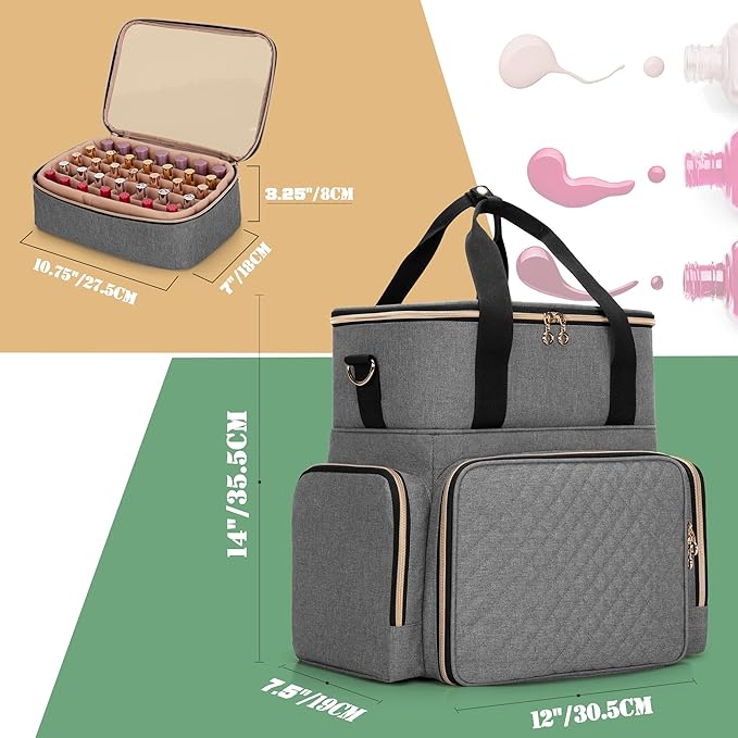 LUXJA Nail Polish Organizer Holds 70 Bottles and a Nail Lamp, Nail Polish Case with 2 Removable Bags and Tools Storage Pockets (Patent Pending), Gray