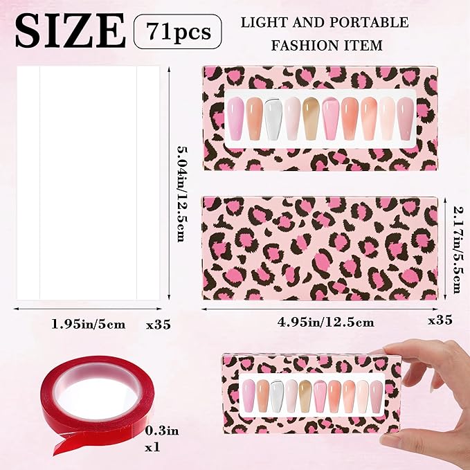 71 Pcs Empty Press on Nails Packaging Box 35 Pcs White Background Papers and 1 Double Sided Tape, Empty Nail Package Box Set for Press on Nail Business (Pink Leopard)