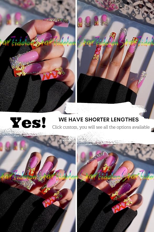 HAND-PAINTED White Press Ons Neon Small Press on Nails Long French Press on Nails Coffin Medium Short Nail art Fake Nail Art Kit with 7g Glue on Nails Handmade Almond Square Nails (TJ-4, Custom)
