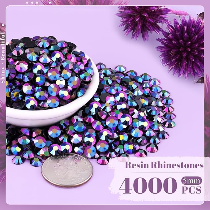 4000PCS 5mm Resin Jelly Rhinestones in Bulk (Purplish Black AB), Bedazzling Flatback Crystals Rhinestones for Crafting DIY Nail Decoration, Gems Diomand Charms for Tumbler Shoes Clothing Fabric