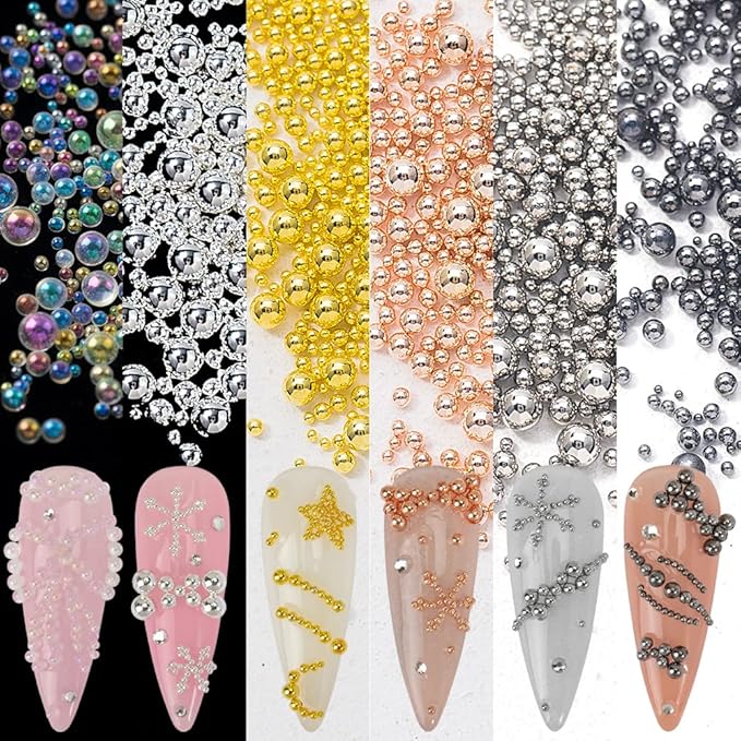 HNUIX Nail Beads - Mixed Size, 6 Colors, Round, Metal Steel Beads Nail Charms, Caviar Beads Nail Accessories for Acrylic Nails, Manicure DIY Crafts Decorations