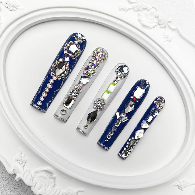 2025 Long Handmade PMMA Acrylic Nails with Multi-Color Strap Stars Rhinestones Butterfly Design Reusable Full Coverage False Nails Ladies False Nail Set (Lucky, Medium)