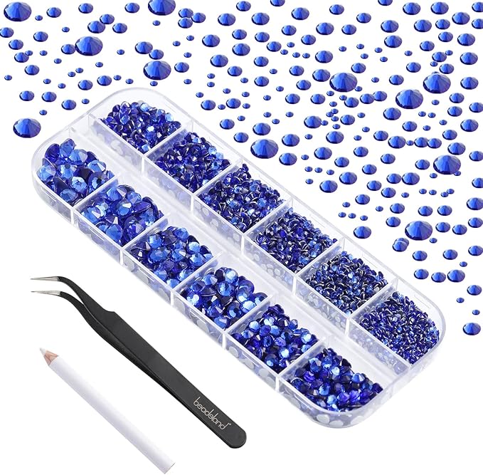 Beadsland Rhinestones for Makeup,8 Sizes 2500pcs Blue Flatback Rhinestones Face Gems for Nails Crafts with Tweezers and Wax Pencil,Sapphire,SS4-SS30