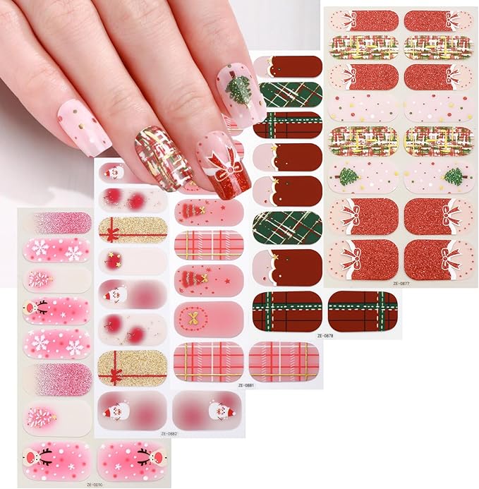 Christmas Gloss Nail Strips - Snowflakes Xmas Tree Santa's Helper | UV Free, Chip Resistant, Long Lasting Stickers | Contains 80 Nail Wraps,5 File 5Sheets