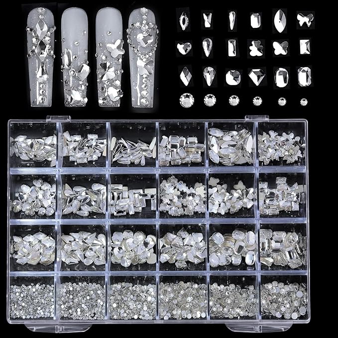 Silver Nail Rhinestones, 5380Pcs Flatback Glass Nail Charms Gems Stones, 19 Shapes of Nail Art Rhinestones Kit with Tweezers, 6 Sizes for Decoration Makeup DIY
