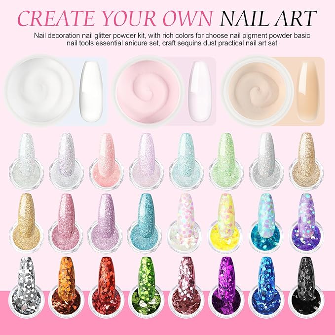 Acrylic Nail Kit with Drill and U V Light, Professional Nail Kit Acrylic Set for beginners with Everything 3PC Powder 24PC Glitter Fake Tips Decoration Nails Set DIY Home Salon
