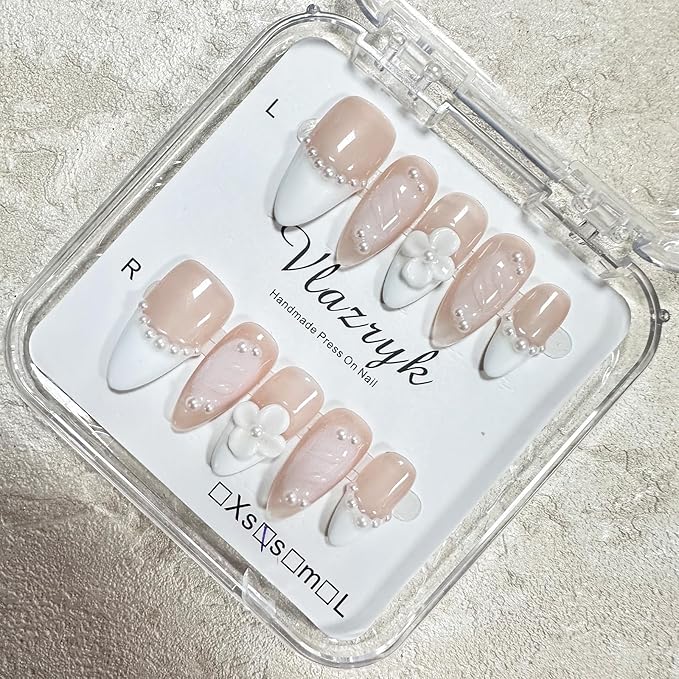 Handmade Press On Nails – Short Almond False Nails for Women, Reusable Acrylic White French Tip with Pearl & 3D Flowers Design – Salon Quality Fake Nails (10PCS)