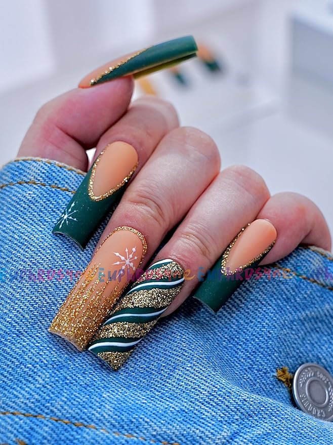 Euphrosyne Matte Press On Nails – 10pcs Medium Coffin Fake Nails in Nude Orange with Glitter Gold French Tips, Animal Print & Snowflake Accents | Fall Stick-On Nails for Women