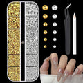 Flatback Silver & Gold Beads for Nail Gems with Pickup Pencil and Tweezers, Half Round Flatback Nail Gold Beads, Pearl Rhinestones for Nail Charms Face gems Nail Art Face Makeup and Manicure Decor
