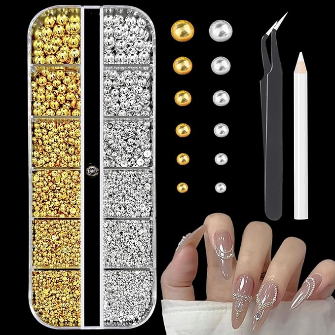 Flatback Silver & Gold Beads for Nail Gems with Pickup Pencil and Tweezers, Half Round Flatback Nail Gold Beads, Pearl Rhinestones for Nail Charms Face gems Nail Art Face Makeup and Manicure Decor