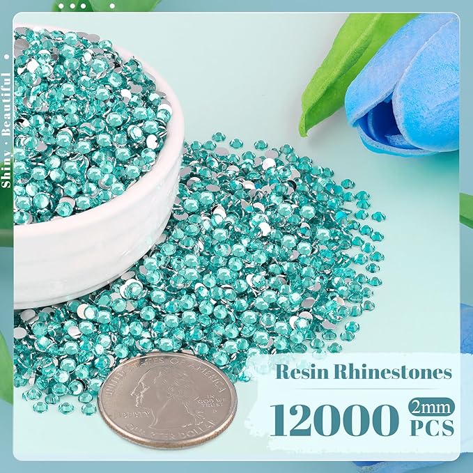 12000PCS 2mm Resin Rhinestones Bulk for Crafting (Lake Blue), Flatback Bedazzling Crystals for Crafts DIY Nail Decoration, Gems Charms for Tumbler Shoes Clothing Fabric with Pickup Pen and Tweezers